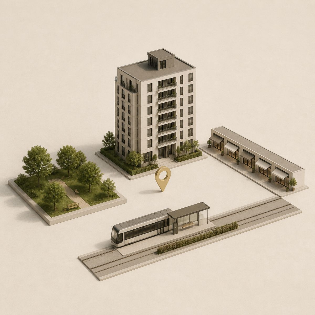 Stadtmodell mit Straßenbahn, Grünflächen und einer markierten Adresse